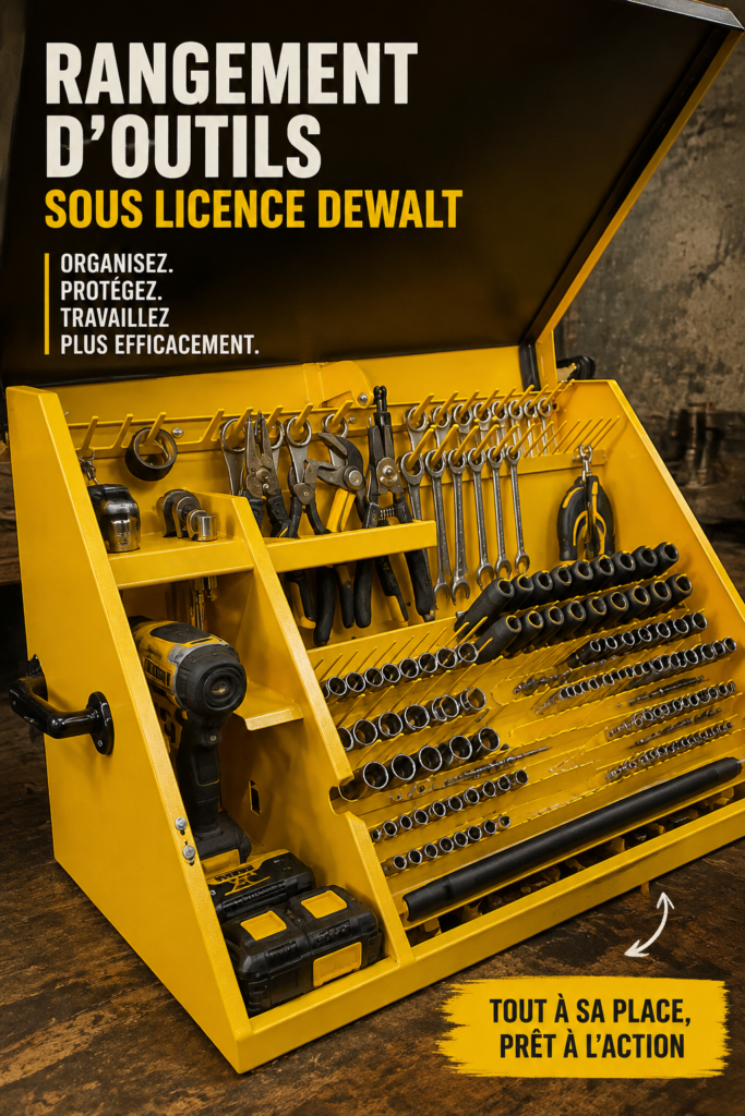 Espace de travail organisé avec des outils DeWalt bien rangés dans des caisses et étagères.