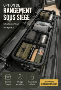 Rangement sous les sièges d'un véhicule professionnel bien organisé avec des accessoires pratiques