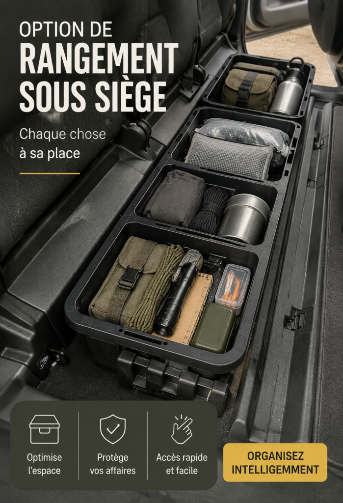 Rangement sous les sièges d'un véhicule professionnel bien organisé avec des accessoires pratiques