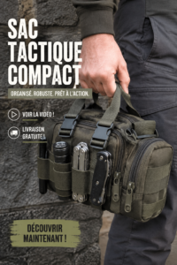 Sac tactique compact sur un fond neutre, illustrant sa légèreté et praticité