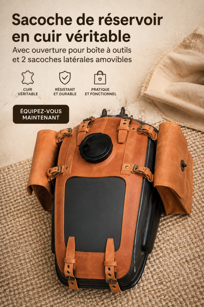 Sac à essence en cuir pour moto URAL dans un paysage outdoor