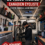 Une femme heureuse faisant réparer son vélo à domicile par un professionnel