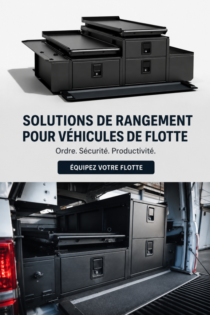 Solutions de stockage pour une flotte de véhicules professionnels bien organisée.