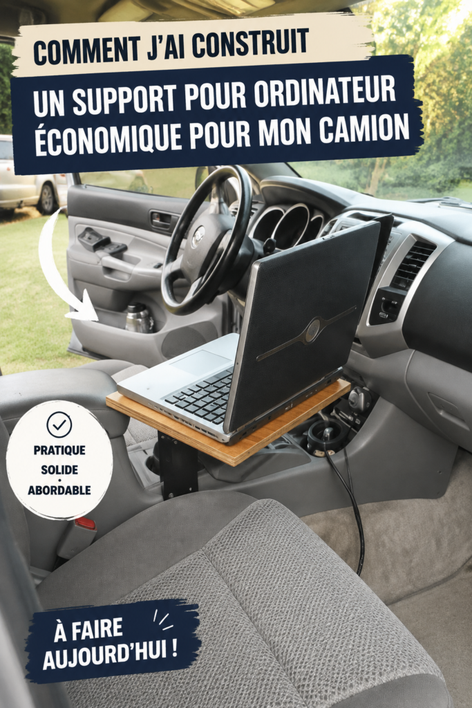 Support pour ordinateur portable fait maison installé dans un camion, pratique pour le travail.
