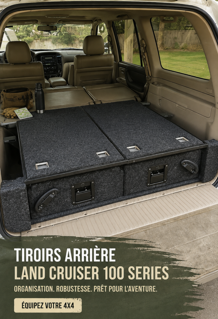 Tiroirs arrière installés dans un Land Cruiser 100, offrant un espace de rangement pratique