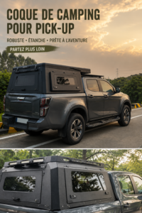 Vue d'un WAAG Canopy Camper Shell installé sur un véhicule, prêt pour une aventure en plein air.