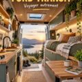 Intérieur cosy d'un Ford Transit aménagé pour les voyages et le quotidien.