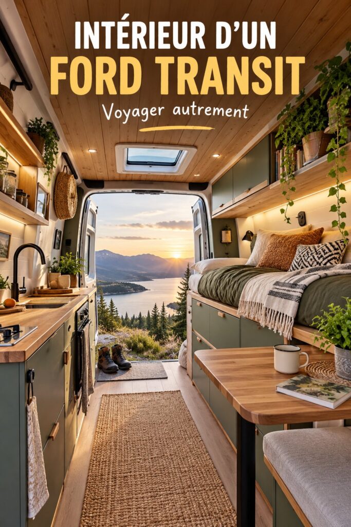 Intérieur cosy d'un Ford Transit aménagé pour les voyages et le quotidien.