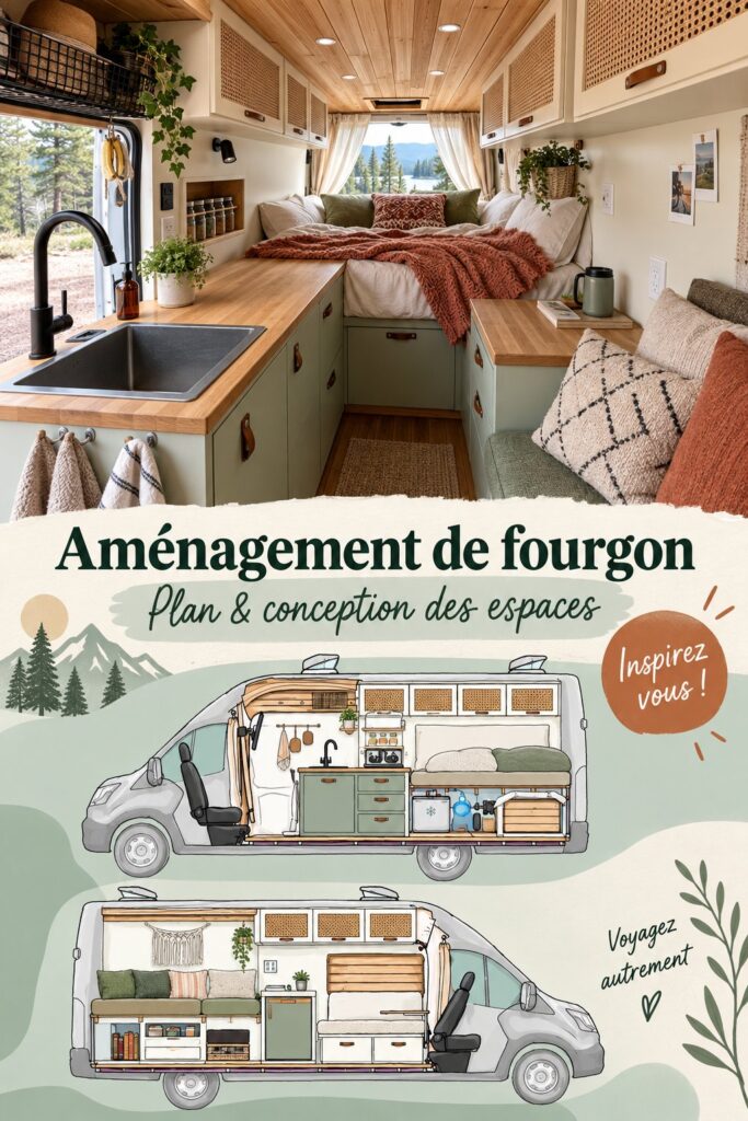 Aménagement intérieur d'un fourgon avec un espace de vie confortable