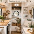 Intérieur d'un petit camping bien aménagé avec des rangements astucieux