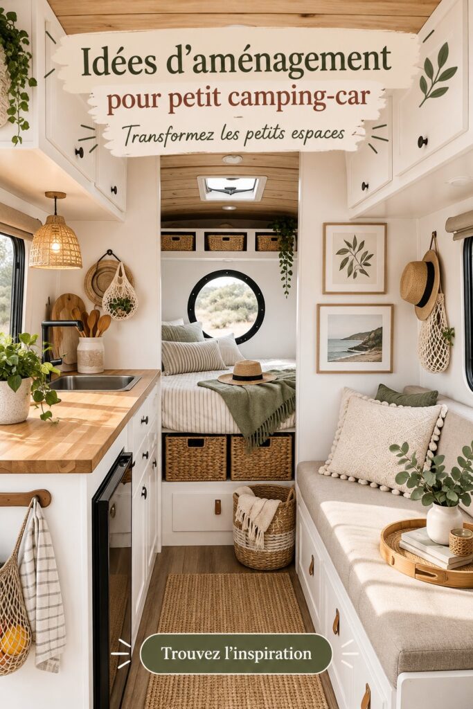 Intérieur d'un petit camping bien aménagé avec des rangements astucieux