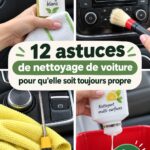 Une femme nettoyant sa voiture avec des produits d'entretien adaptés.