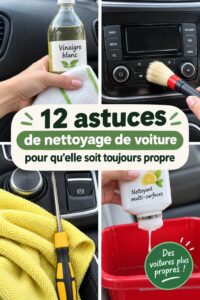 Une femme nettoyant sa voiture avec des produits d'entretien adaptés.