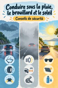 Femme conduite un véhicule par temps de pluie avec concentration et sécurité.