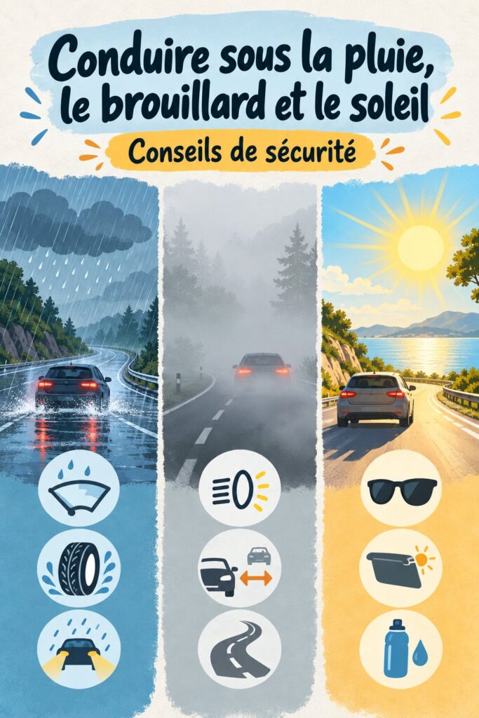 Femme conduite un véhicule par temps de pluie avec concentration et sécurité.