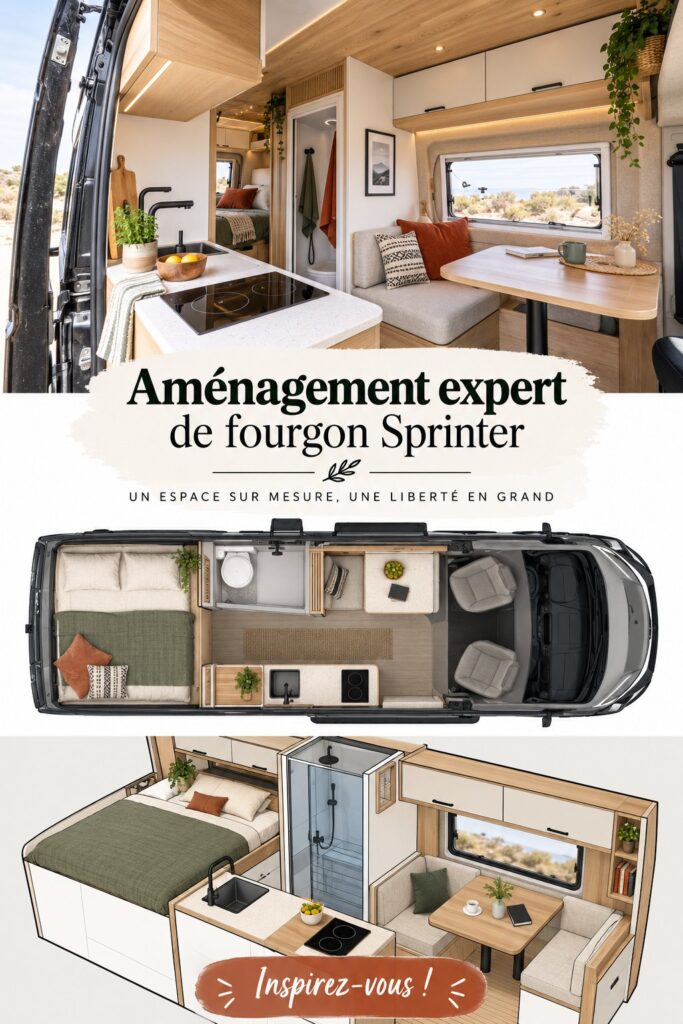 Un van aménagé en espace de travail chaleureux et fonctionnel.