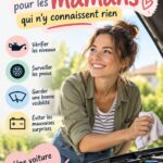 Maman vérifiant le niveau d'huile de sa voiture dans un garage.