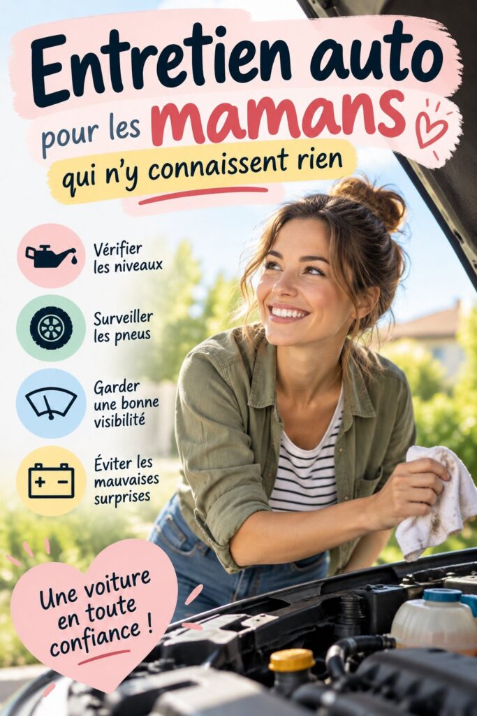 Maman vérifiant le niveau d'huile de sa voiture dans un garage.