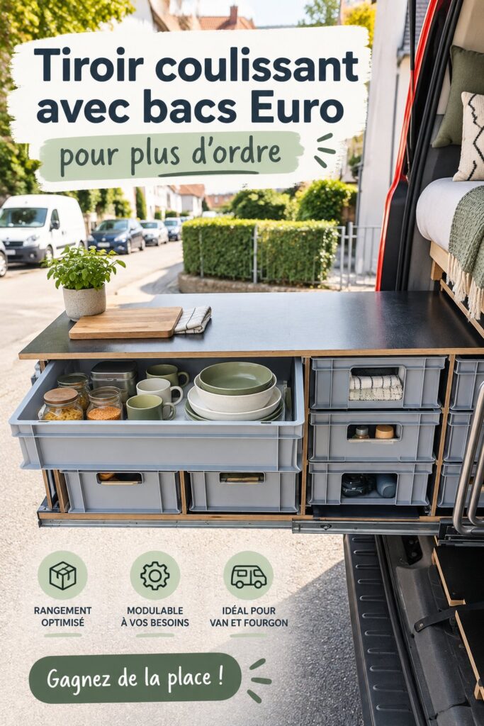 Vue d'un véhicule professionnel bien organisé avec des Eurokisten à l'intérieur.