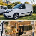 Fiat Doblo aménagé en van, prêt pour l'aventure sur un chemin forestier.