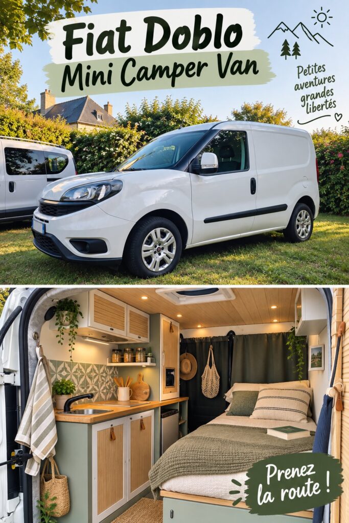Fiat Doblo aménagé en van, prêt pour l'aventure sur un chemin forestier.