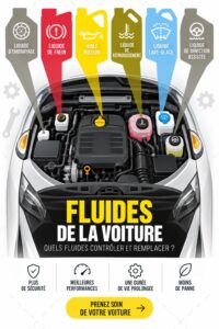 Flacons de fluides automobiles avec un véhicule en arrière-plan, illustrant l'entretien des voitures.