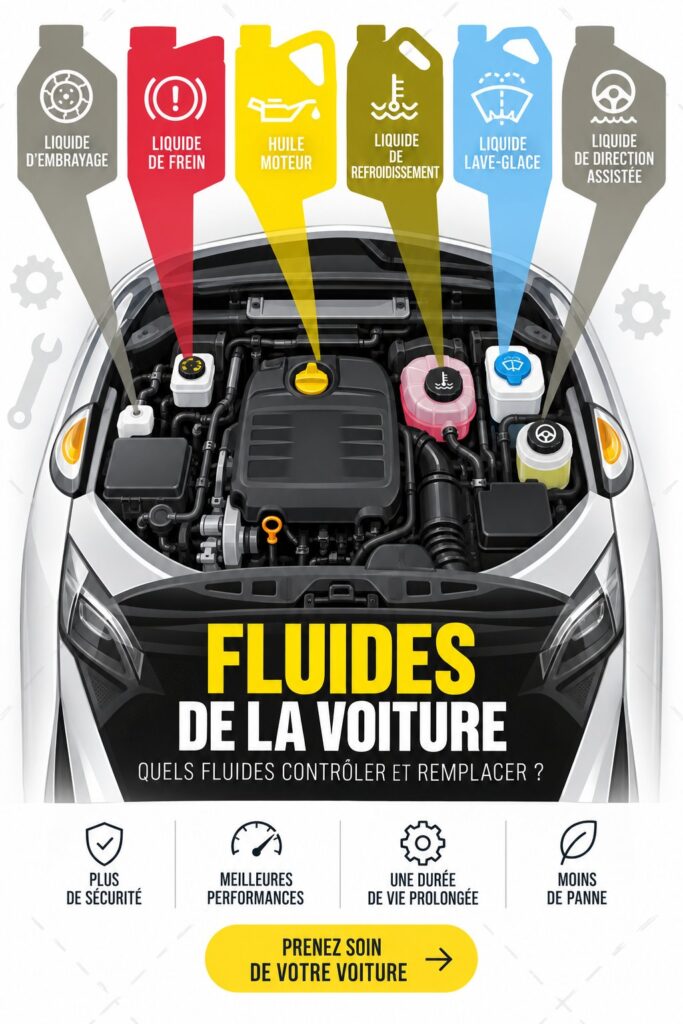 Flacons de fluides automobiles avec un véhicule en arrière-plan, illustrant l'entretien des voitures.