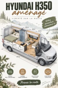 Hyundai H350 aménagé en camping-car dans la nature, parfait pour les escapades en famille.