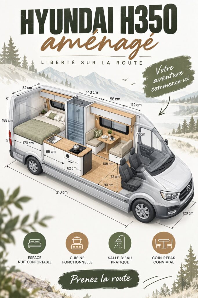 Hyundai H350 aménagé en camping-car dans la nature, parfait pour les escapades en famille.