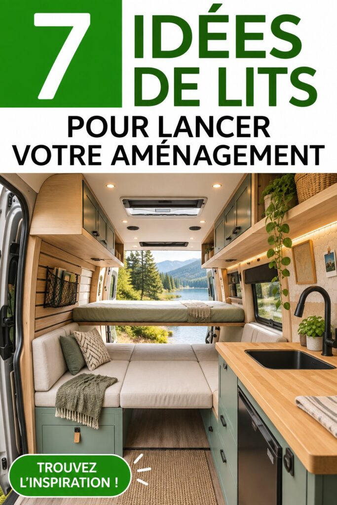 Un campervan avec un lit bien aménagé et des rangements pratiques.