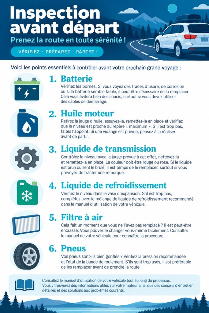 Inspection automobile avant un voyage, avec un focus sur la vérification des pneus et des niveaux d'huile.