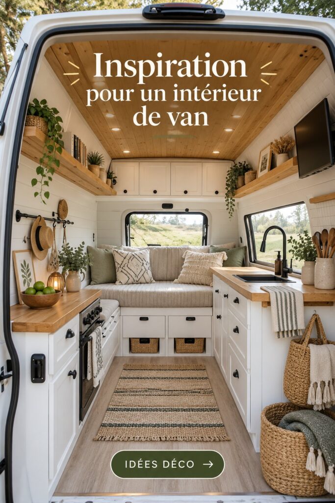 Intérieur de van aménagé avec goût, alliant confort et fonctionnalité.