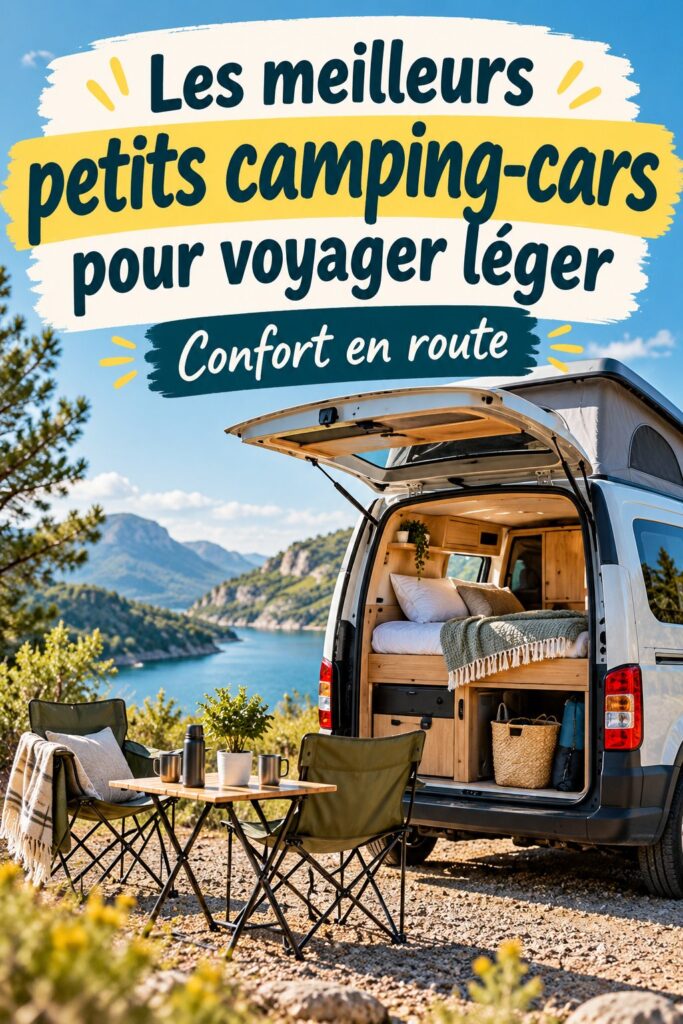 Vue d'une petite fourgonnette aménagée prête pour une escapade en nature.