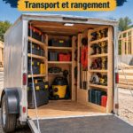 Remorque de travail bien organisée avec rangements pratiques et outils accessibles.