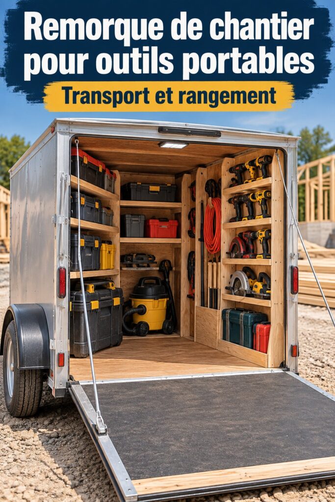 Remorque de travail bien organisée avec rangements pratiques et outils accessibles.