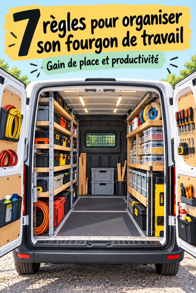 Un fourgon professionnel bien organisé avec des outils respectant l'ordre et la propreté.