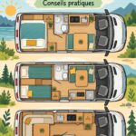 Plan de sol fonctionnel pour un van aménagé, optimisé pour le confort.