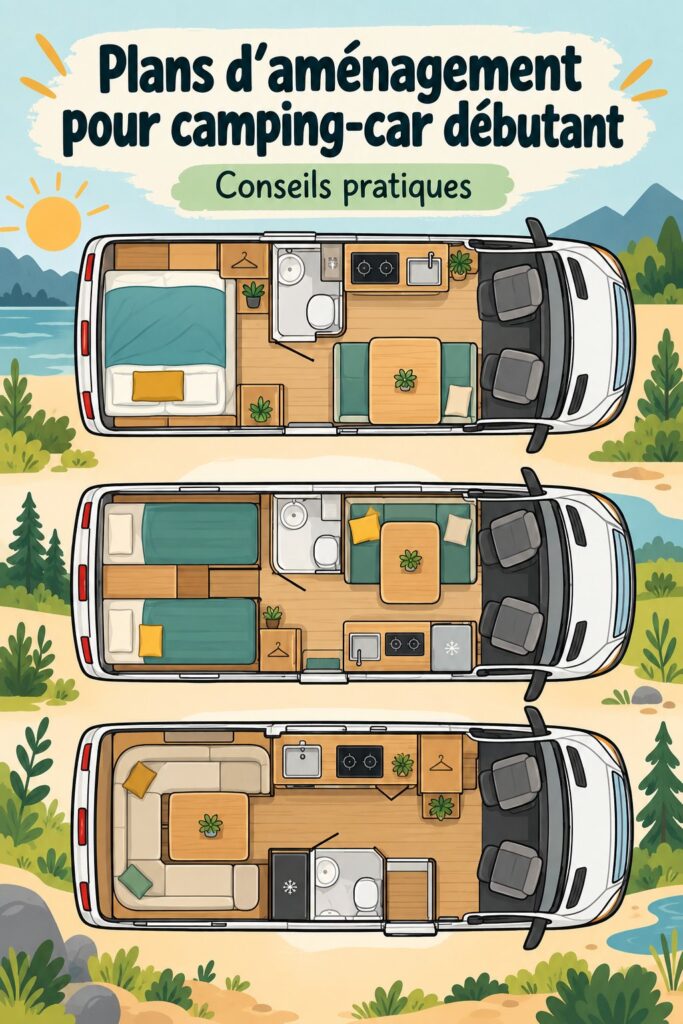 Plan de sol fonctionnel pour un van aménagé, optimisé pour le confort.