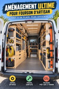 Un camion de chantier parfaitement organisé avec des compartiments de rangement pour outils.