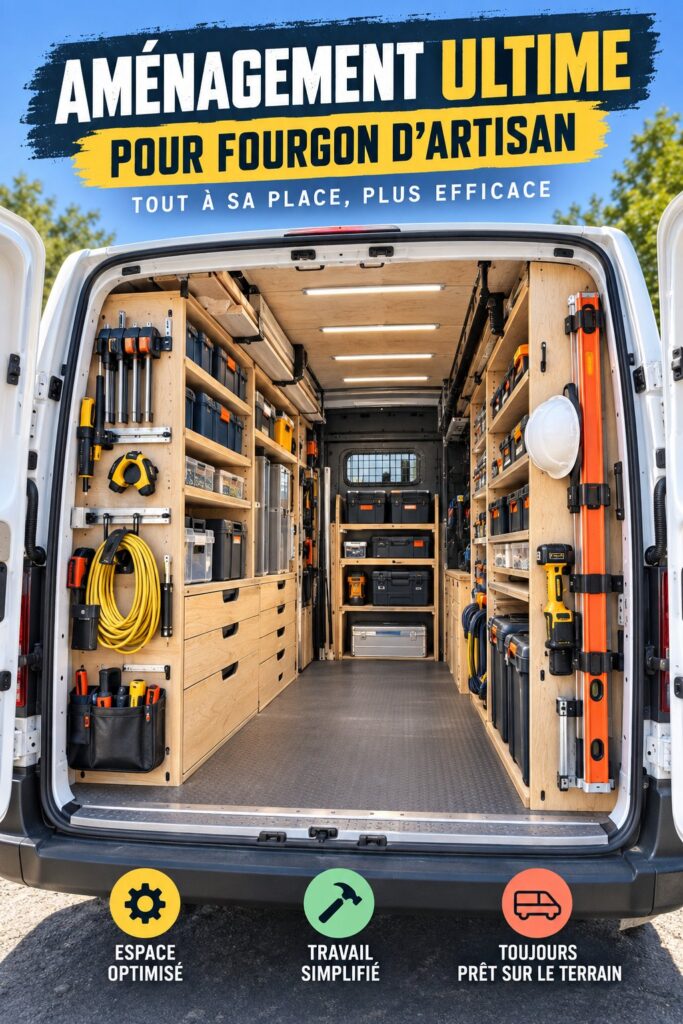 Un camion de chantier parfaitement organisé avec des compartiments de rangement pour outils.