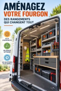 Un fourgon professionnel bien organisé avec des étagères et des Rangements pratiques.