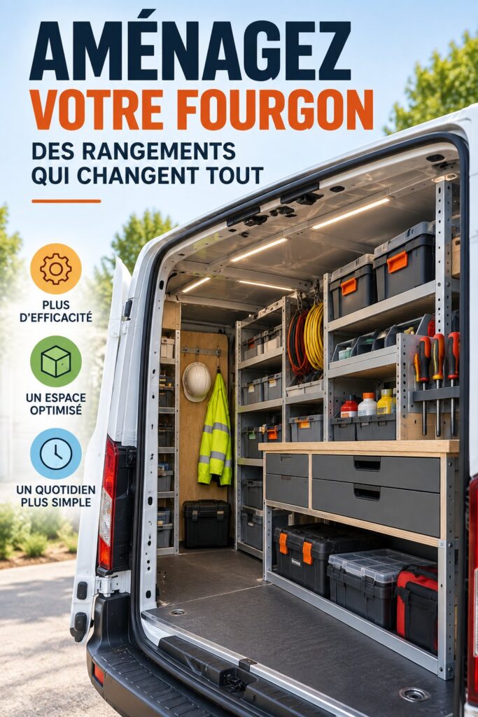 Un fourgon professionnel bien organisé avec des étagères et des Rangements pratiques.