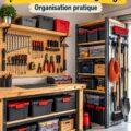 Rangement organisé dans un véhicule professionnel avec des étagères et bacs.