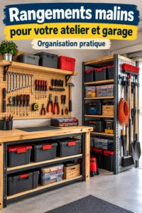 Rangement organisé dans un véhicule professionnel avec des étagères et bacs.