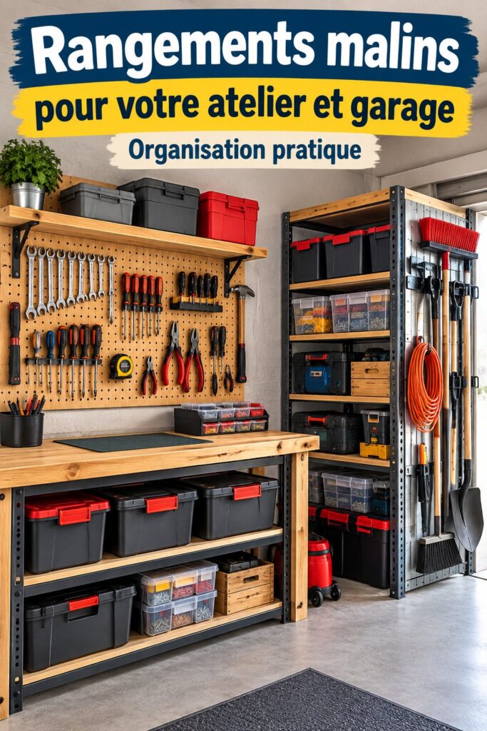 Rangement organisé dans un véhicule professionnel avec des étagères et bacs.