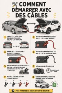 Image d'une femme utilisant des câbles de démarrage pour redémarrer une voiture à plat.