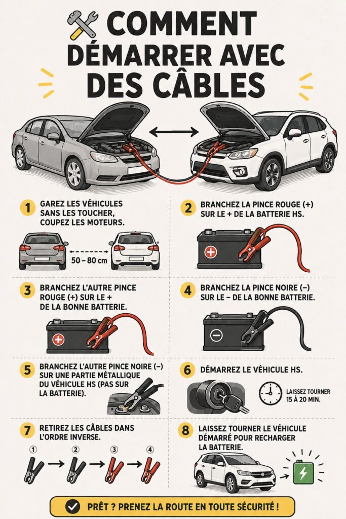 Image d'une femme utilisant des câbles de démarrage pour redémarrer une voiture à plat.