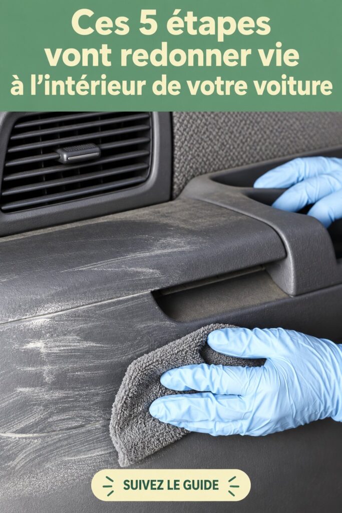 Intérieur de voiture propre et bien organisé, illustrant des étapes de nettoyage et d'entretien.