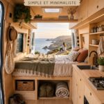 Aménagement minimaliste d'un van avec des rangements astucieux et fonctionnels.