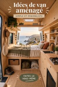 Aménagement minimaliste d'un van avec des rangements astucieux et fonctionnels.